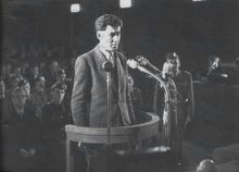 Jan Buchal při soudním přelíčení v roce 1950, Zdroj: Archiv města Ostravy, Sbírka fotografií, Autor: Česká tisková kancelář 